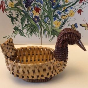 Vintage wicker wrapped woven rattan duck trinket basket bowl wood beak